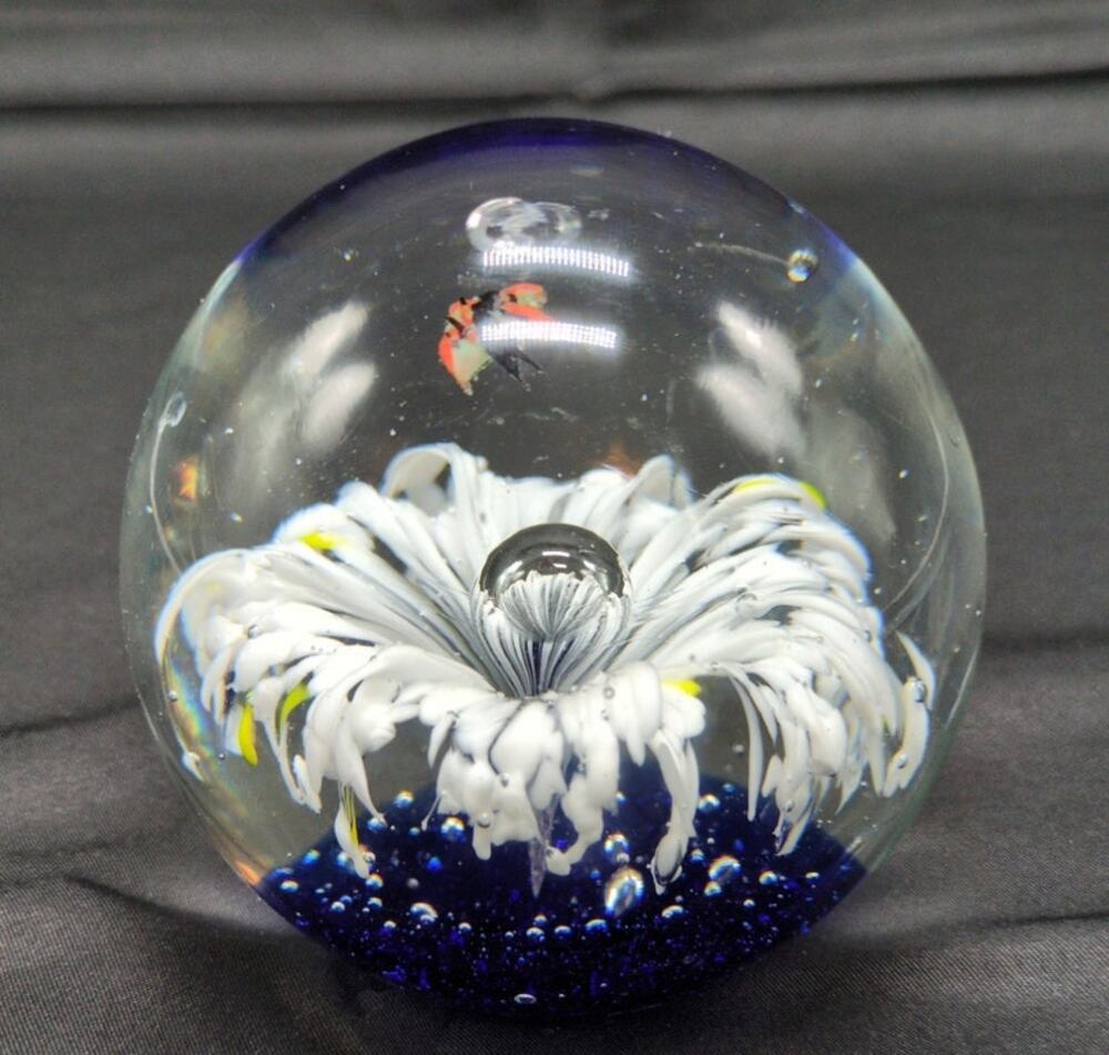 Hand Blown Glass Paperweight Blooming White Flower Butterfly Art Glass Vtg